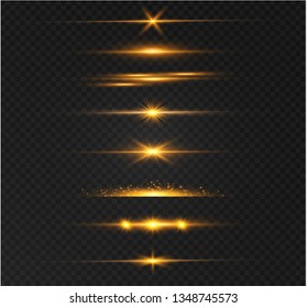 yellow glowing light explodes on a transparent background. Sparkling magical dust particles. Bright Star. Transparent shining sun, bright flash. Vector sparkles. To center a bright flash.