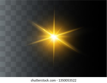 Yellow glowing light explodes on a transparent background. Sparkling magical dust particles. Bright Star. Transparent shining sun, bright flash. Vector sparkles. To center a bright flash.