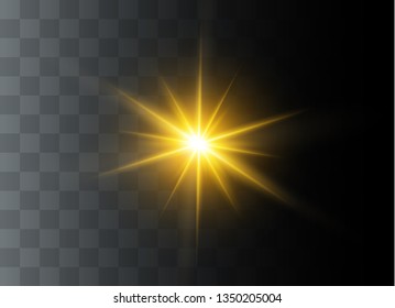 Yellow glowing light explodes on a transparent background. Sparkling magical dust particles. Bright Star. Transparent shining sun, bright flash. Vector sparkles. To center a bright flash.