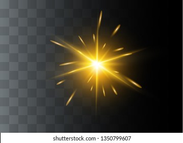 Yellow glowing light explodes on a transparent background. Sparkling magical dust particles. Bright Star. Transparent shining sun, bright flash. Vector sparkles. To center a bright flash.