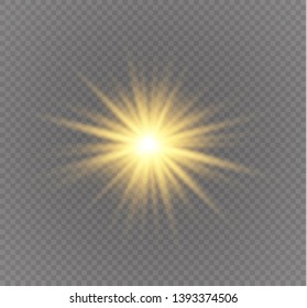 Yellow glowing light explodes on a transparent background. Sparkling magical dust particles. Bright Star. Transparent shining sun, bright flash. Vector sparkles.