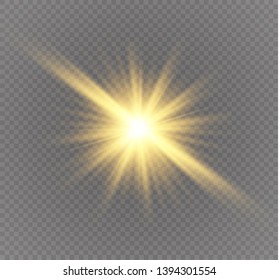Yellow glowing light explodes on a transparent background. Sparkling magical dust particles. Bright Star. Transparent shining sun, bright flash. Vector sparkles.