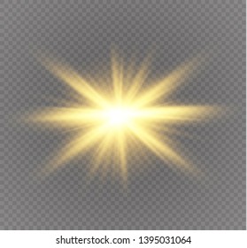 Yellow glowing light explodes on a transparent background. Sparkling magical dust particles. Bright Star. Transparent shining sun, bright flash. Vector sparkles.