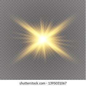 Yellow glowing light explodes on a transparent background. Sparkling magical dust particles. Bright Star. Transparent shining sun, bright flash. Vector sparkles.