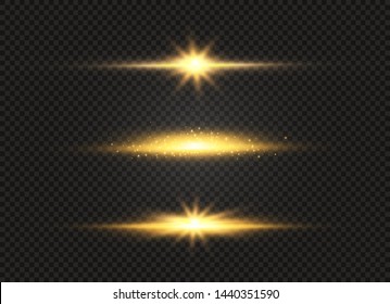 La luz amarilla resplandeciente estalla sobre un fondo transparente. Partículas mágicas de polvo espumoso. Estrella brillante. Sol claro y brillante. El vector brilla. Centrar un flash brillante.