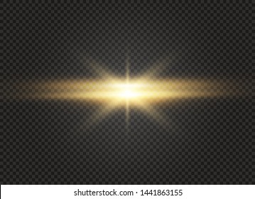 Yellow glowing light explodes on a transparent background. Sparkling magical dust particles. Bright Star. Transparent shining sun, bright flash. Vector sparkles. To center a bright flash.