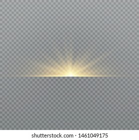 yellow glowing light explodes on a transparent background. Sparkling magical dust particles. Bright Star. Transparent shining sun, bright flash. Vector sparkles. To center a bright flash.