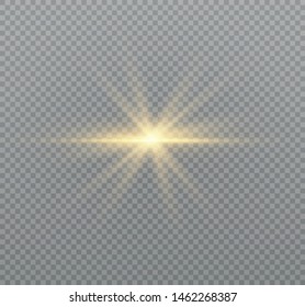 yellow glowing light explodes on a transparent background. Sparkling magical dust particles. Bright Star. Transparent shining sun, bright flash. Vector sparkles. To center a bright flash.