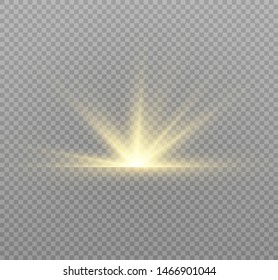 yellow glowing light explodes on a transparent background. Sparkling magical dust particles. Bright Star. Transparent shining sun, bright flash. Vector sparkles. To center a bright flash.
