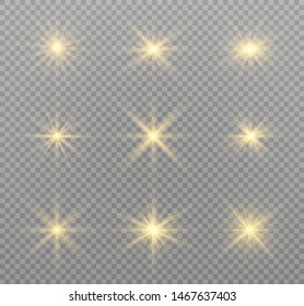 yellow glowing light explodes on a transparent background. Sparkling magical dust particles. Bright Star. Transparent shining sun, bright flash. Vector sparkles. To center a bright flash.