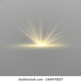 yellow glowing light explodes on a transparent background. Sparkling magical dust particles. Bright Star. Transparent shining sun, bright flash. Vector sparkles. To center a bright flash.