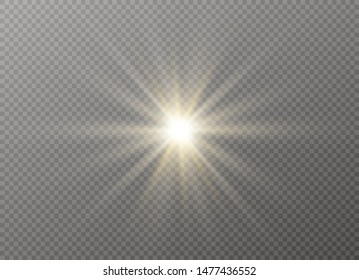 yellow glowing light explodes on a transparent background. Sparkling magical dust particles. Bright Star. Transparent shining sun, bright flash. Vector sparkles. To center a bright flash.