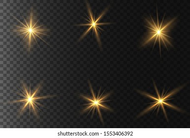 Yellow glowing light explodes on a transparent background. Sparkling magical dust particles. Bright Star. Transparent shining sun, bright flash. Vector sparkles.