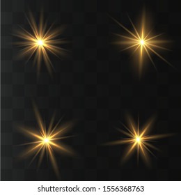 Yellow glowing light explodes on a transparent background. Sparkling magical dust particles. Bright Star. Transparent shining sun, bright flash. Vector sparkles.