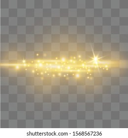 yellow glowing light explodes on a transparent background. Sparkling magical dust particles. Bright Star. Transparent shining sun, bright flash. Vector sparkles. To center a bright flash.