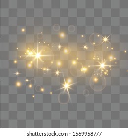 yellow glowing light explodes on a transparent background. Sparkling magical dust particles. Bright Star. Transparent shining sun, bright flash. Vector sparkles. To center a bright flash.