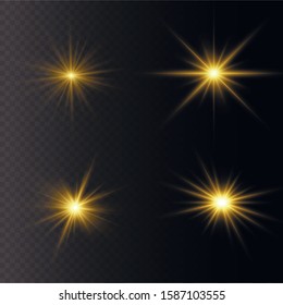 Yellow glowing light explodes on a transparent background. Sparkling magical dust particles. Bright Star. Transparent shining sun, bright flash. Vector sparkles. To center a bright flash.