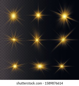 Yellow glowing light explodes on a transparent background. Sparkling magical dust particles. Bright Star. Transparent shining sun, bright flash. Vector sparkles. To center a bright flash.