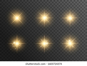 Yellow glowing light explodes on a transparent background. Sparkling magical dust particles. Bright Star. Transparent shining sun, bright flash. Vector illustration eps 10