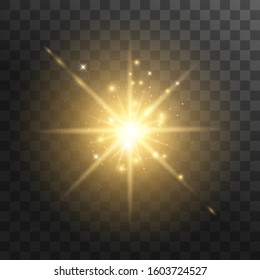 Yellow glowing light explodes on a transparent background. with ray. Transparent shining sun, bright flash. Vector illustration