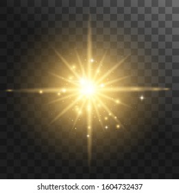 Yellow glowing light explodes on a transparent background. with ray. Transparent shining sun, bright flash. Vector illustration