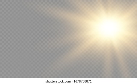  La luz amarilla resplandeciente estalla sobre un fondo transparente. Partículas mágicas de polvo espumoso. Estrella brillante.  Sol claro y brillante. El vector brilla.