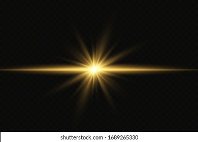 Yellow glowing light explodes on a transparent background. Sparkling magical dust particles. Bright Star. Transparent shining sun, bright flash. Vector sparkles. To center a bright flash