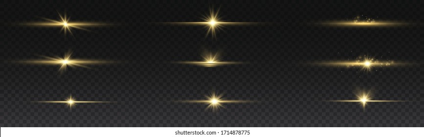 Yellow glowing light explodes on a transparent background. Sparkling magical dust particles. Bright Star. Transparent shining sun, bright flash. Vector sparkles. To center a bright flash.