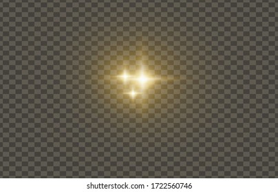 Yellow glowing light explodes on a transparent background. Sparkling magical dust particles. Bright Star. Transparent shining sun, bright flash. Vector sparkles.