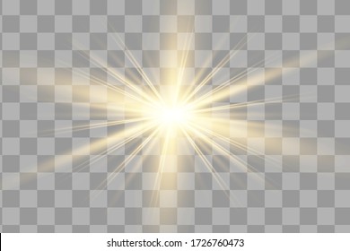 Yellow glowing light explodes on a transparent background. Sparkling magical dust particles. Bright Star. Transparent shining sun, bright flash. Vector sparkles. To center a bright flash