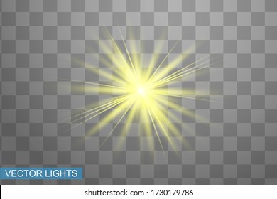 Yellow glowing light explodes on a transparent background. Sparkling magical dust particles. Bright Star. Transparent shining sun, bright flash. Vector sparkles. To center a bright flash