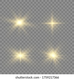 Yellow glowing light explodes on a transparent background. Sparkling magical dust particles. Bright Star. Transparent shining sun, bright flash. Vector sparkles. To center a bright flash.