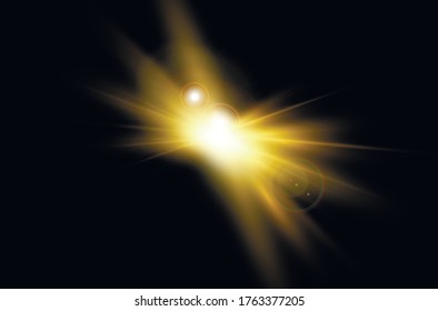 Yellow glowing light explodes on a transparent background. Sparkling magical dust particles. Bright Star. Transparent shining sun, bright flash. Vector sparkles.