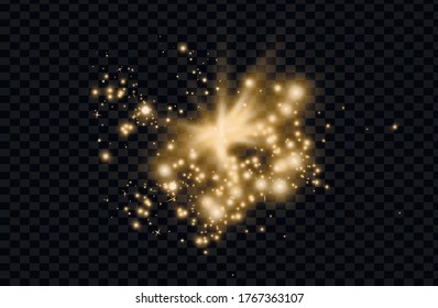 Yellow glowing light explodes on a transparent background. Sparkling magical dust particles. Bright Star. Transparent shining sun, bright flash. Vector sparkles.