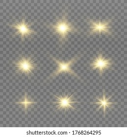 Yellow glowing light explodes on a transparent background. Sparkling magical dust particles. Bright Star. Transparent shining sun, bright flash. Vector sparkles. To center a bright flash.