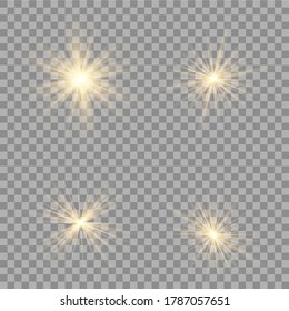 Yellow glowing light explodes on a transparent background. Sparkling magical dust particles. Bright Star. Transparent shining sun, bright flash. Vector sparkles. To center a bright flash.