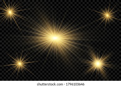 Yellow glowing light explodes on a transparent background. Sparkling magical dust particles. Bright Star. Transparent shining sun, bright flash. Vector sparkles. To center a bright flash.