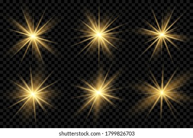 La luz amarilla brillante estalla en un fondo transparente. Parpadeando mágicas partículas de polvo. Estrella brillante. Sol brillante transparente, brillante. El vector brilla. Centrar un flash brillante.