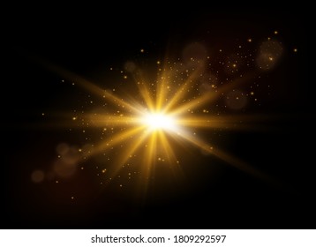 Yellow glowing light explodes on a transparent background. Sparkling magical dust particles. Bright Star. Transparent shining sun, bright flash. Vector sparkles. To center a bright flash.