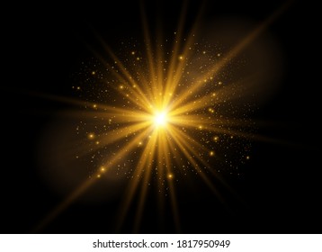 Yellow glowing light explodes on a transparent background. Sparkling magical dust particles. Bright Star. Transparent shining sun, bright flash. Vector sparkles. To center a bright flash.