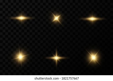 Yellow glowing light explodes on a transparent background. Sparkling magical dust particles. Bright Star. Transparent shining sun, bright flash. Vector sparkles. To center a bright flash.