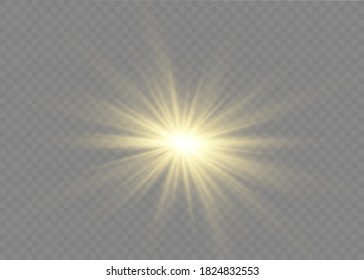 Yellow glowing light explodes on a transparent background. Sparkling magical dust particles. Bright Star. Transparent shining sun, bright flash. Vector sparkles. To center a bright flash.