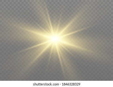 Yellow glowing light explodes on a transparent background. Sparkling magical dust particles. Bright Star. Transparent shining sun, bright flash. Vector sparkles. To center a bright flash.