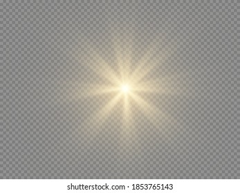 Yellow glowing light explodes on a transparent background. Sparkling magical dust particles. Bright Star. Transparent shining sun, bright flash. Vector sparkles.