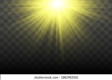 Yellow glowing light explodes on a transparent background. Sparkling magical dust particles. Bright Star. Transparent shining sun, bright flash. Vector sparkles. To center a bright flash
