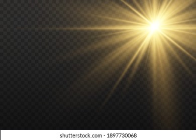 Yellow glowing light explodes on a transparent background. Sparkling magical dust particles. Bright Star. Transparent shining sun, bright flash. Vector sparkles. To center a bright flash.