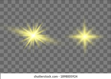 Yellow glowing light explodes on a transparent background. Sparkling magical dust particles. Bright Star. Transparent shining sun, bright flash. Vector sparkles. To center a bright flash