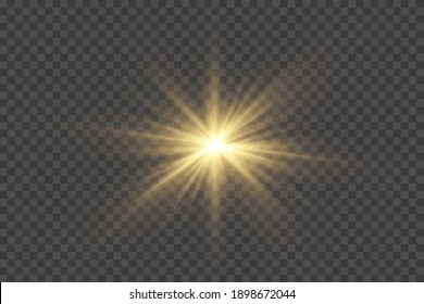 Yellow glowing light explodes on a transparent background. Sparkling magical dust particles. Bright Star. Transparent shining sun, bright flash. Vector sparkles. To center a bright flash.