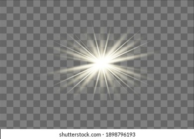 Yellow glowing light explodes on a transparent background. Sparkling magical dust particles. Bright Star. Transparent shining sun, bright flash. Vector sparkles. To center a bright flash