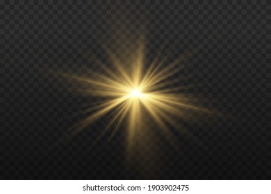 Yellow glowing light explodes on a transparent background. Sparkling magical dust particles. Bright Star. Transparent shining sun, bright flash. Vector sparkles. To center a bright flash.